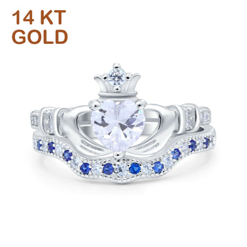 14K White Gold Claddagh Accent Heart Wedding Bridal Set Piece Blue Sapphire Simulated Cubic Zirconia Wedding Ring